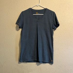 This is a woman’s blue V-neck in a size medium.